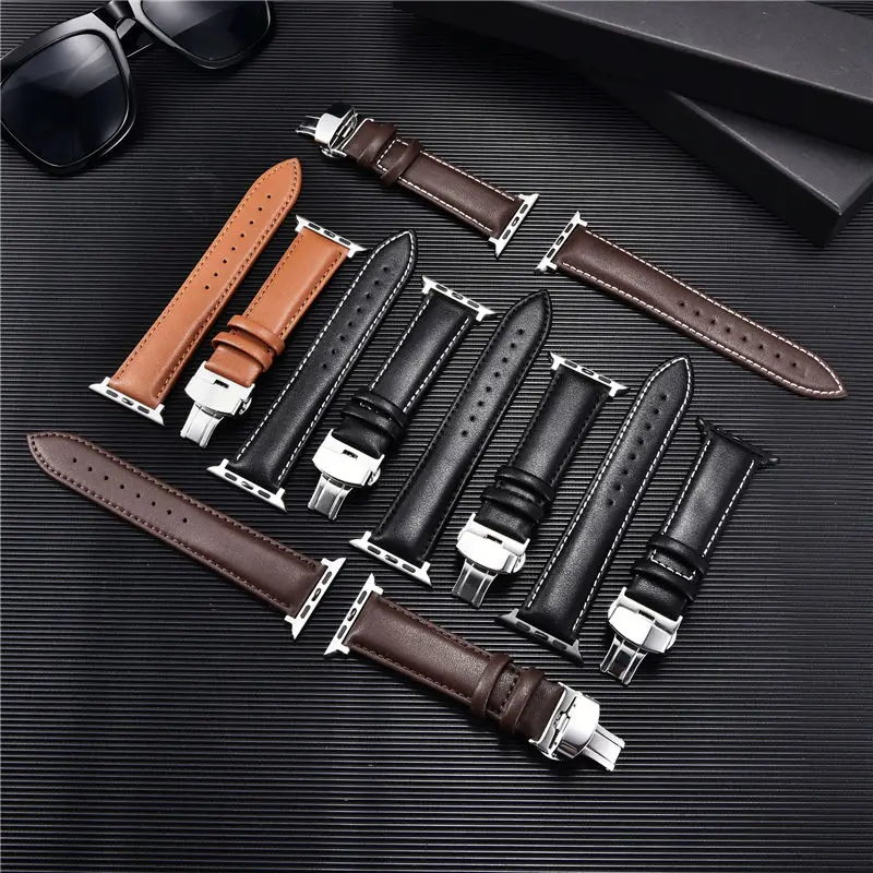 Leather Watchbands for Apple Watch 8 7 6 5 4 3 SE Butterfly Clasp Replace Wrist Strap 38/40/41mm 42/44/45mm Band for iwatch - Image 5