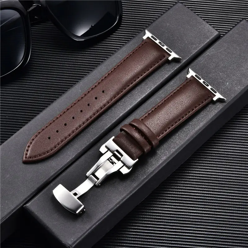 Leather Watchbands for Apple Watch 8 7 6 5 4 3 SE Butterfly Clasp Replace Wrist Strap 38/40/41mm 42/44/45mm Band for iwatch