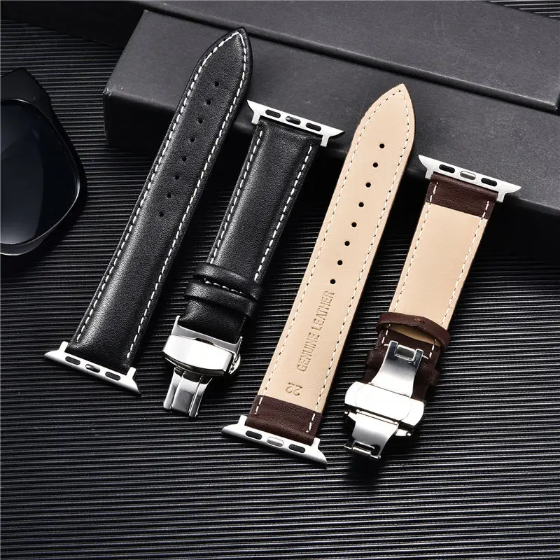Leather Watchbands for Apple Watch 8 7 6 5 4 3 SE Butterfly Clasp Replace Wrist Strap 38/40/41mm 42/44/45mm Band for iwatch - Image 4