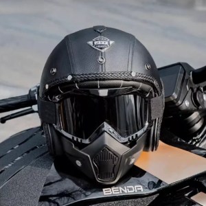 Vintage Motorcycle Helmet Men’s Four season Cruise Scooter Leather Jet Helmets Electric Bike Half Helmet with Cool Mask DOT