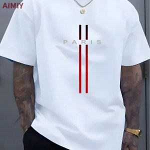 Summer Men’s T-shirt Top Casual Loose Fit Oversized T-shirt PARI Letter Pattern Printed Round Neck Short Sleeved Homme Vêtement